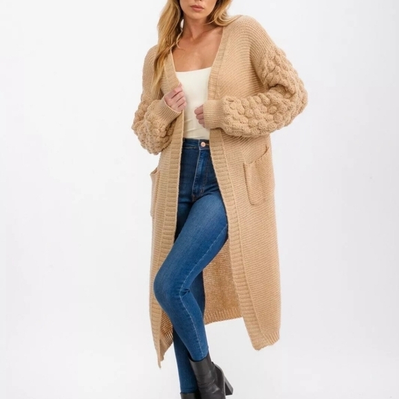 Women's  Long Detailed Sleeve Open Front Pockets Cardigan In Taupe S, M, L, XL - Picture 1 of 11